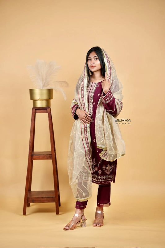 Organza Maroon Partywear Salwar Suits